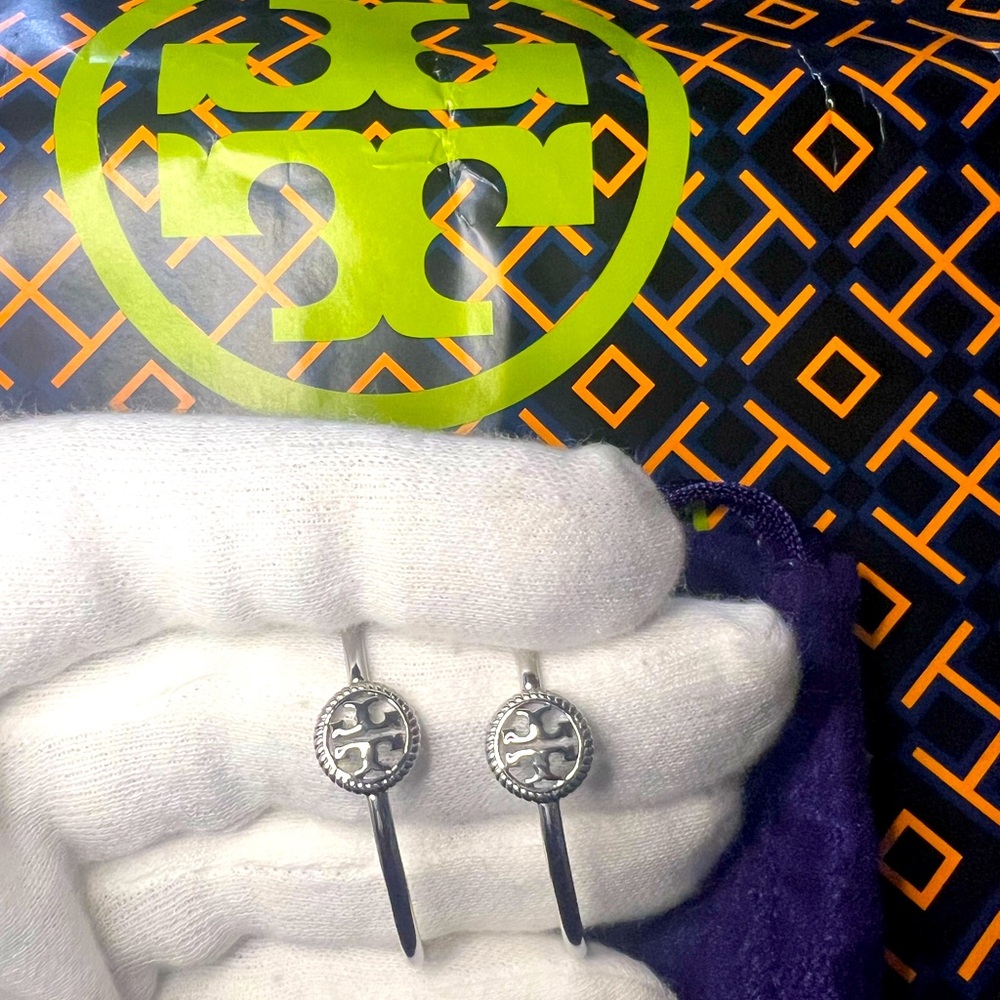 Tory Burch Logo Silver Tone Hoops Earrings
